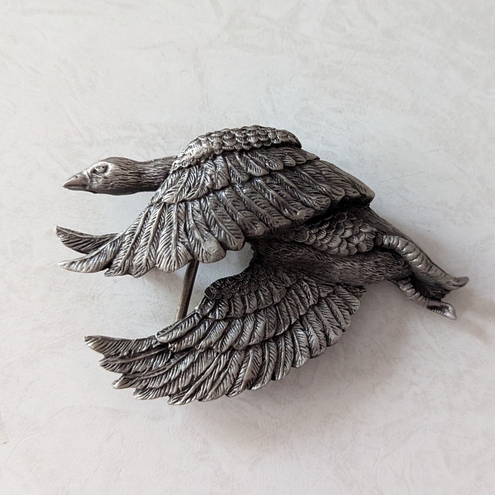 Vintage 1970s Pewter Flying Goose Belt Buckle By Indiana Metal Craft